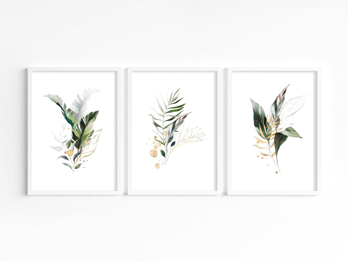 Set of three gold, white and green leaves - Botanical prints - Chic Prints