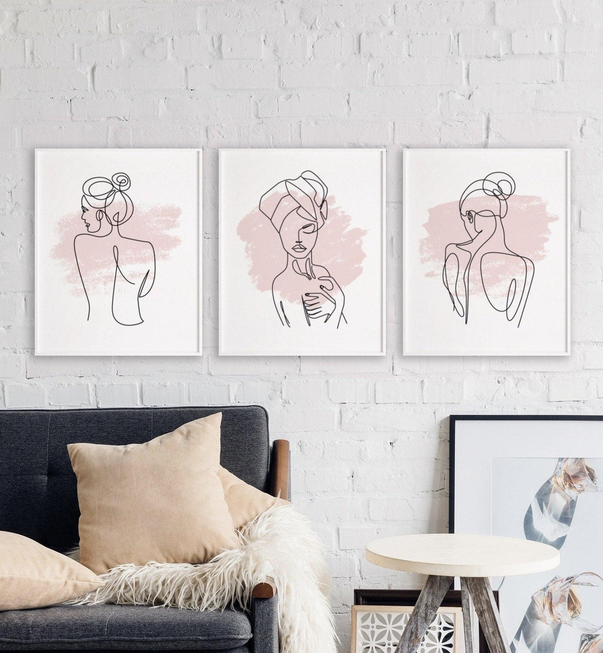 Woman Outline/Blush Line Art (Set of 3)-Chic Prints