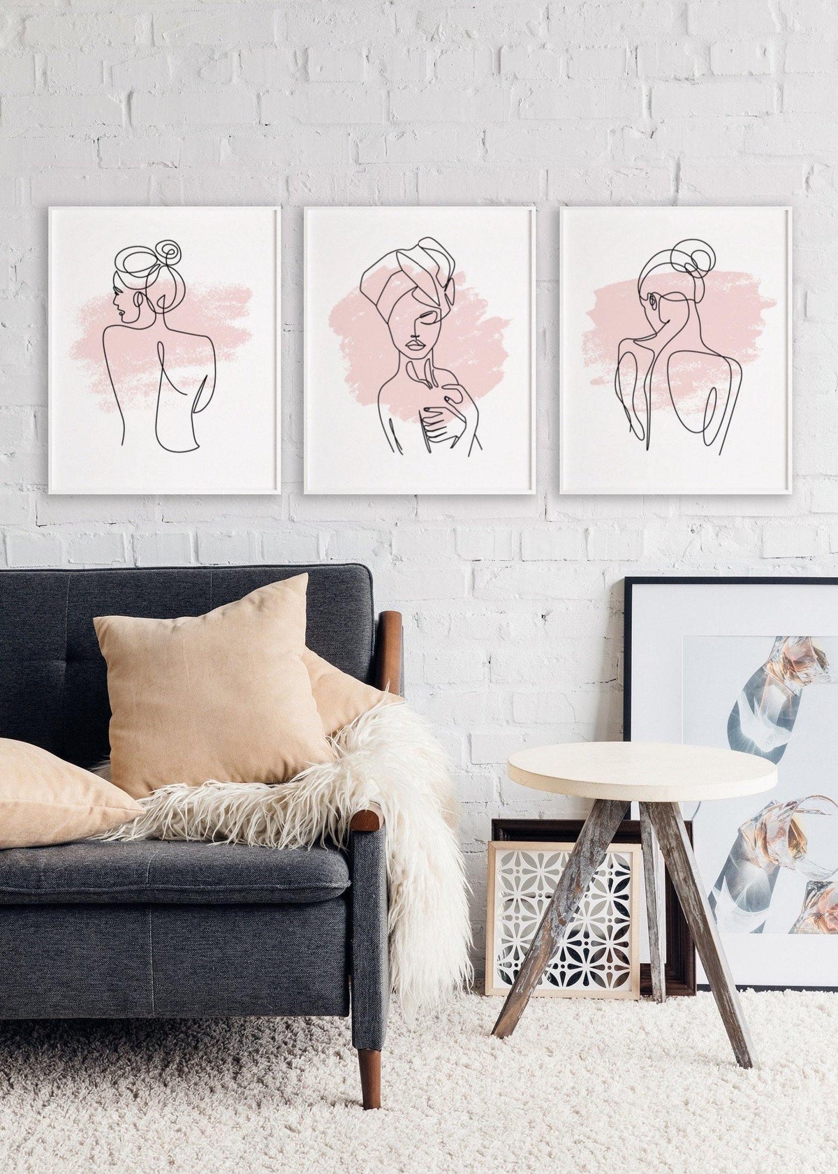 Woman Outline/Blush Line Art (Set of 3)-Chic Prints