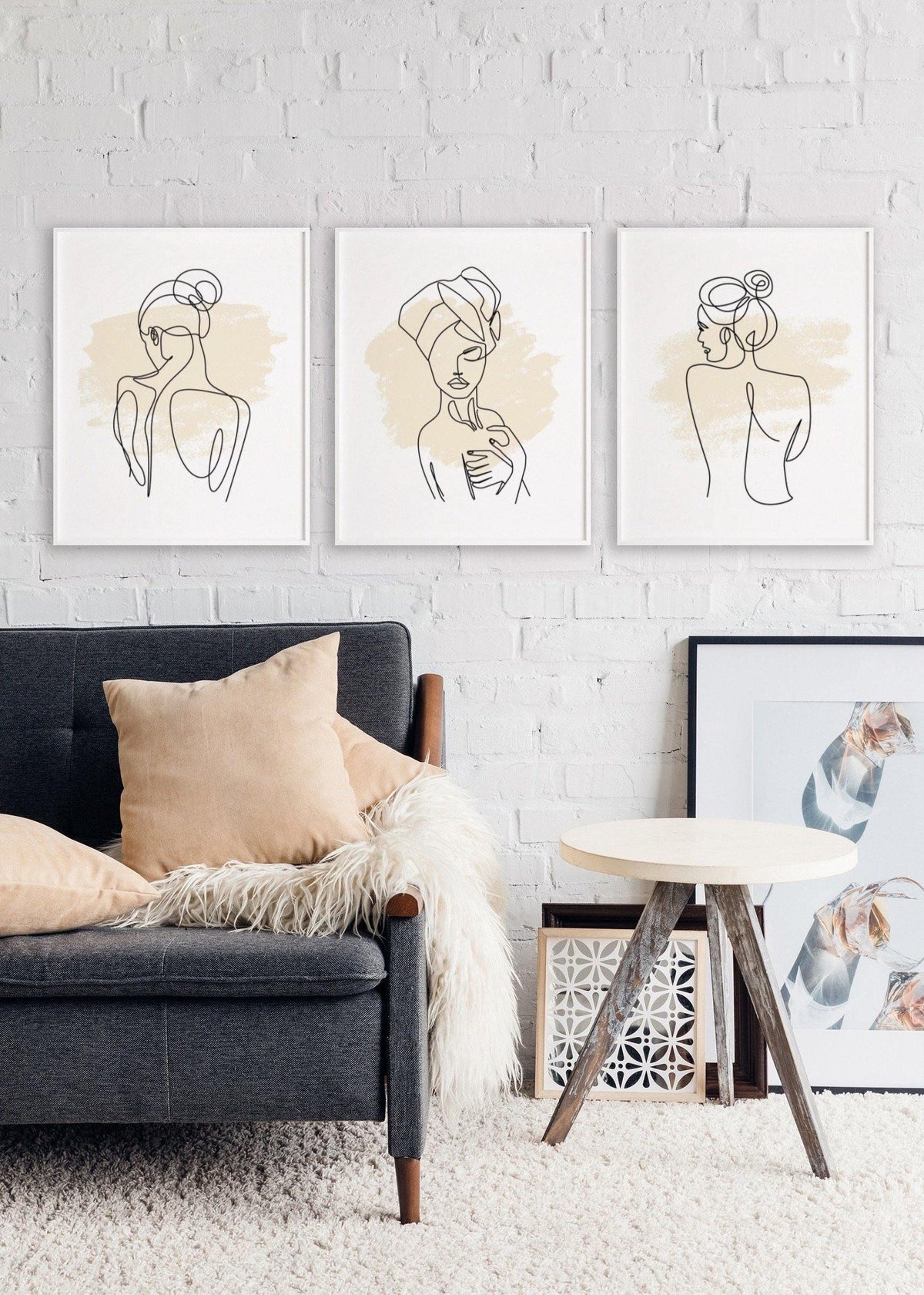 Woman Outline/Cream Line Art (Set of 3)-Chic Prints